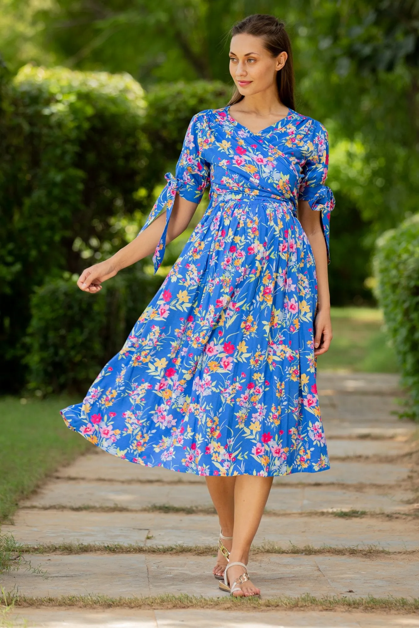 Royal Blue Floral Maternity & Nursing Midi Wrap Dress