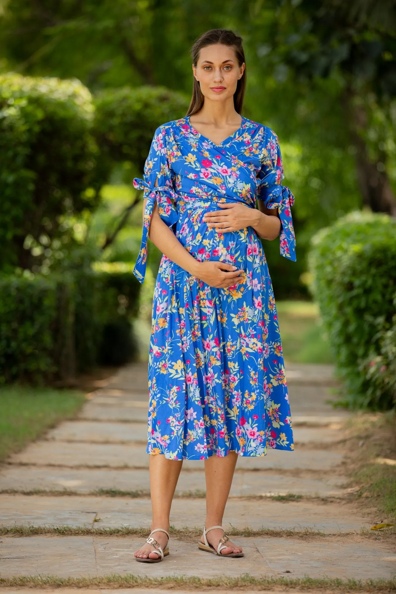 Royal Blue Floral Maternity & Nursing Midi Wrap Dress