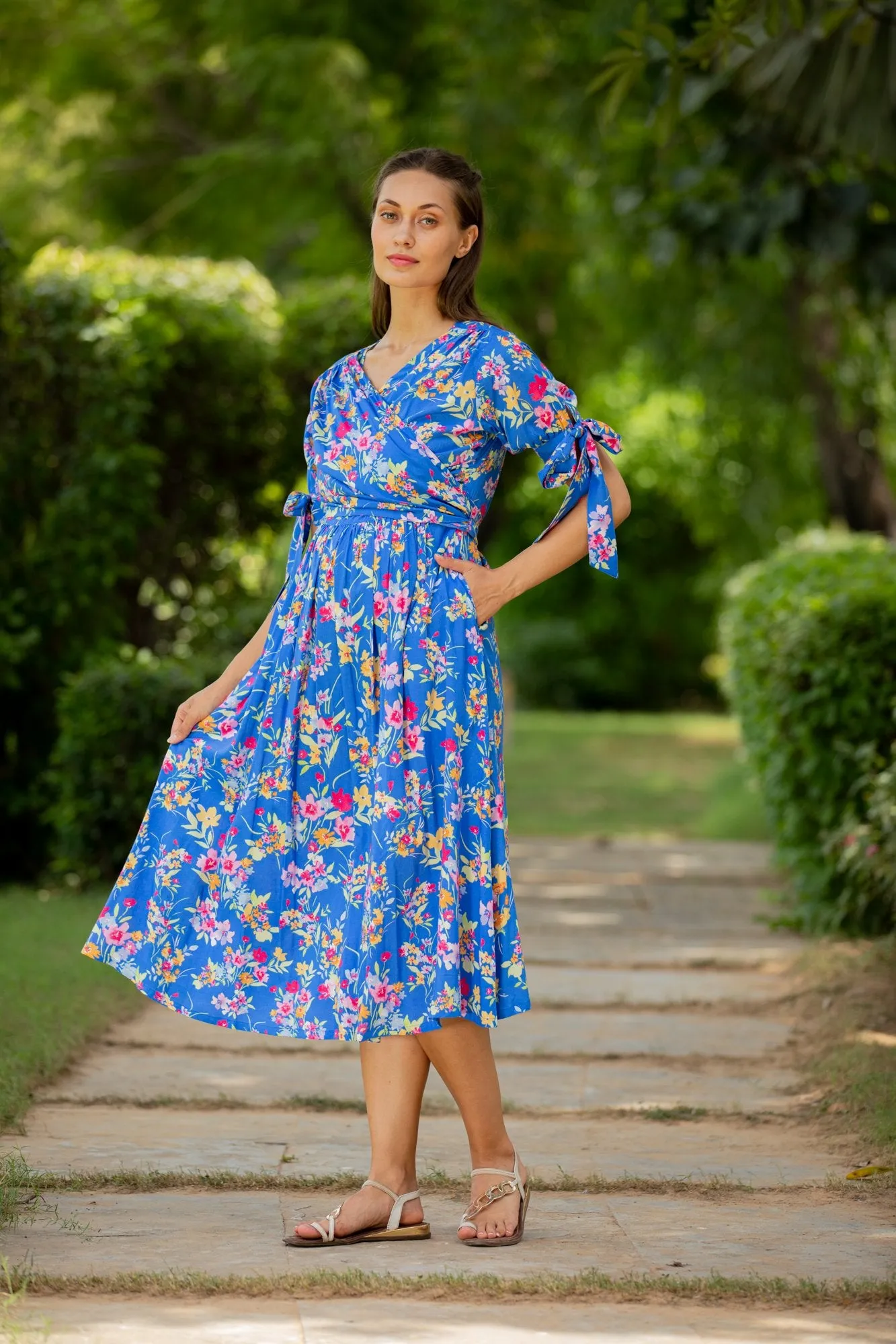 Royal Blue Floral Maternity & Nursing Midi Wrap Dress