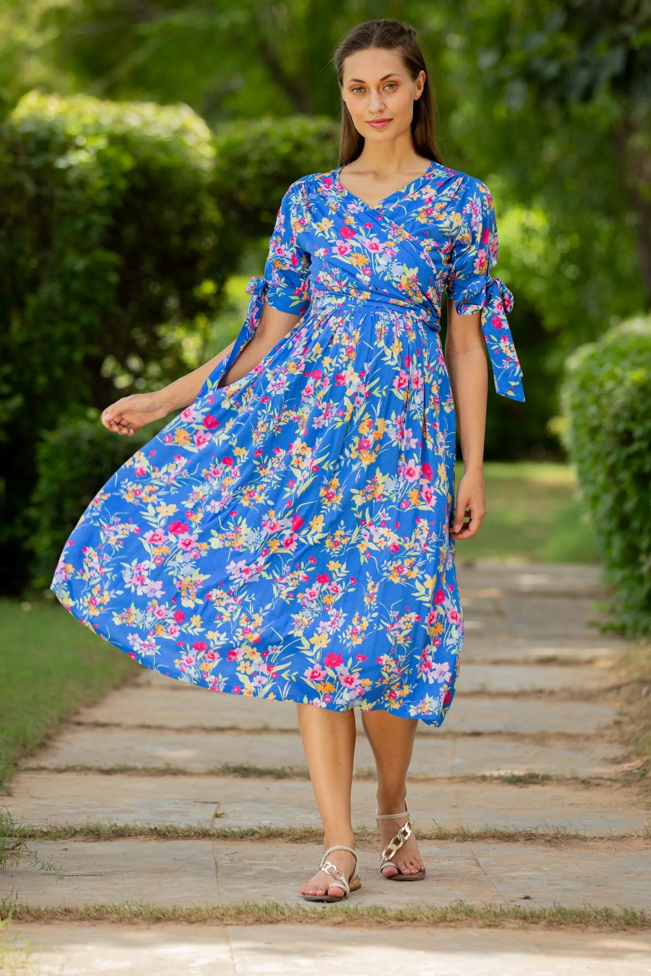 Royal Blue Floral Maternity & Nursing Midi Wrap Dress