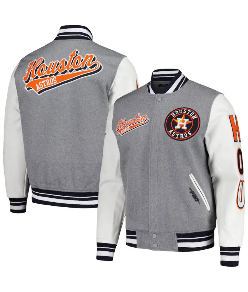 Script Tail Houston Astros Heather Gray and White Varsity Jacket 