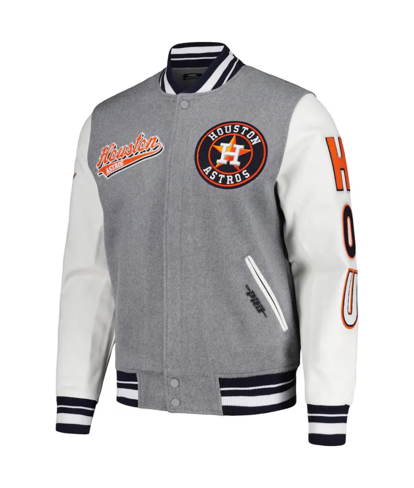 Script Tail Houston Astros Heather Gray and White Varsity Jacket 