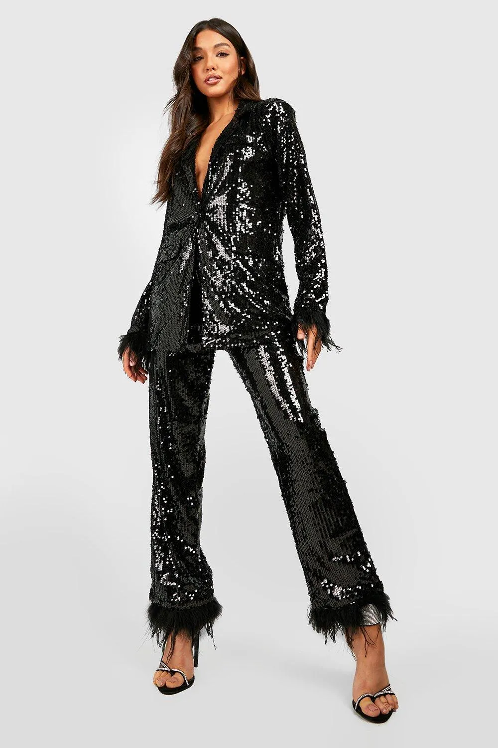 Sequin Feather Trim Straight Leg Pants