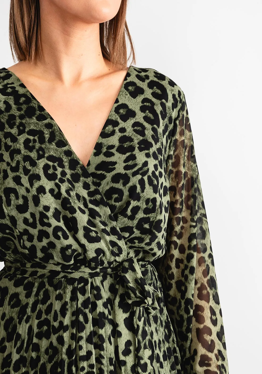 Serafina Collection Leopard Pleated Midi Wrap Dress, Green