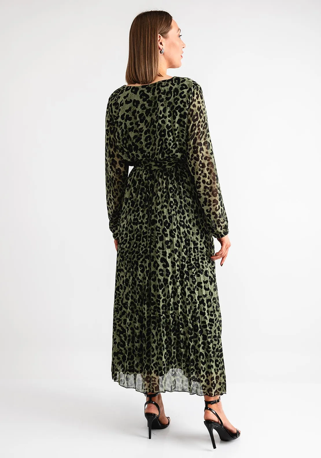 Serafina Collection Leopard Pleated Midi Wrap Dress, Green