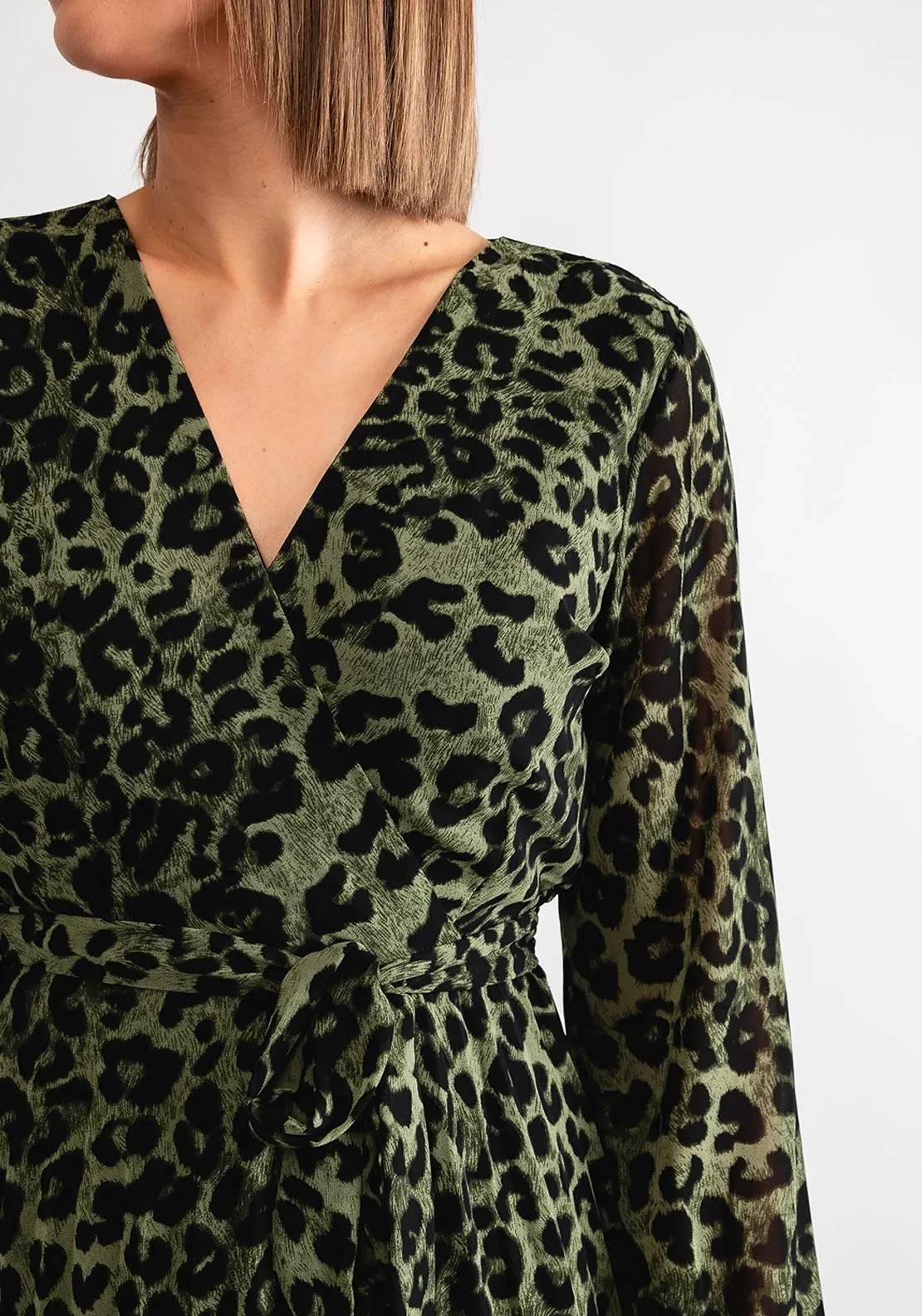 Serafina Collection Leopard Pleated Wrap Dress, Green