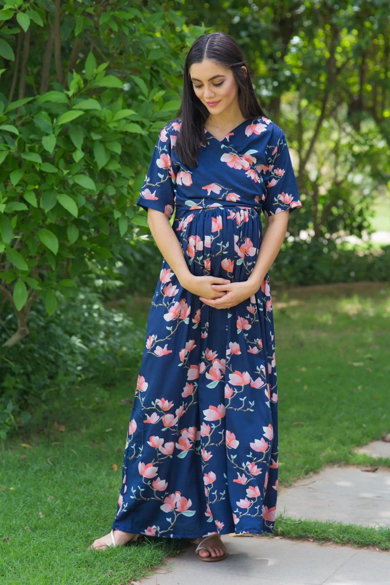 Serene Navy Blossom Maternity & Nursing Wrap Dress