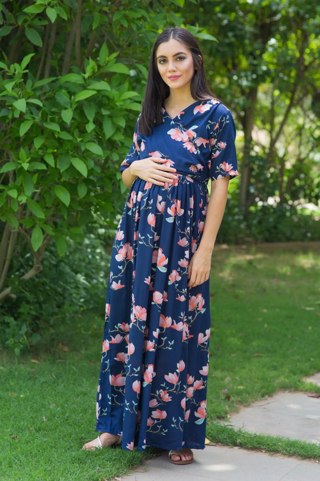 Serene Navy Blossom Maternity & Nursing Wrap Dress