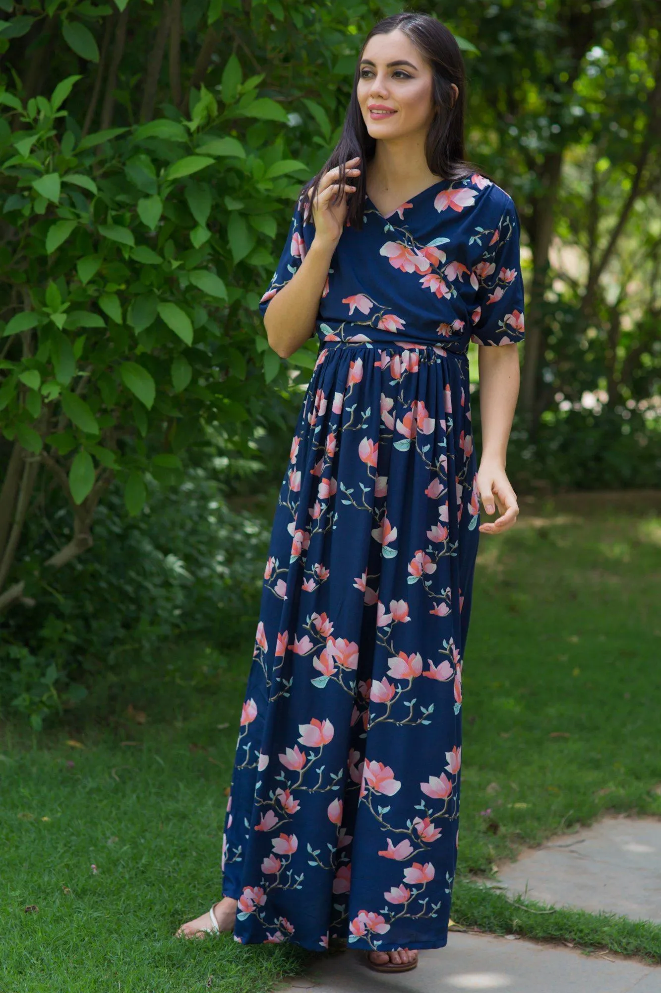 Serene Navy Blossom Maternity & Nursing Wrap Dress