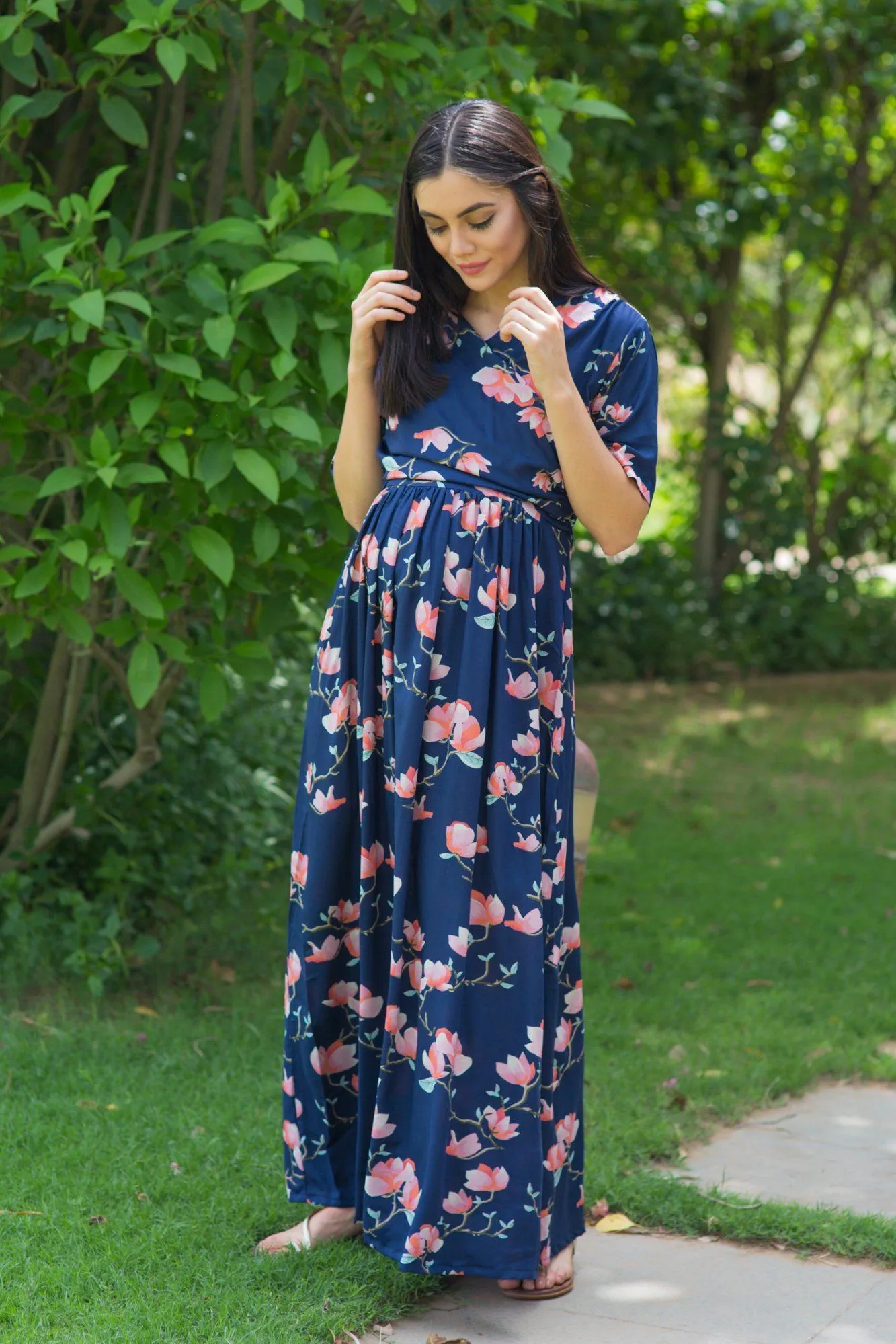 Serene Navy Blossom Maternity & Nursing Wrap Dress