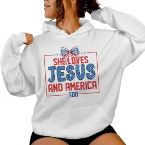 She Loves Jesus And America Too Coquette Girl 4Th Of July Women Hoodie