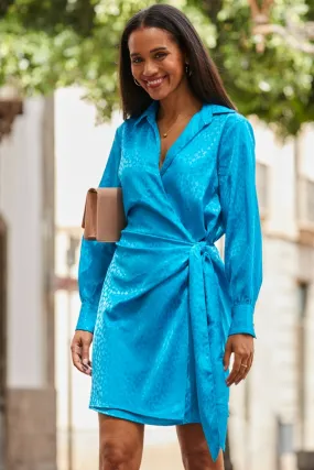 Sky Blue Satin Jacquard Flattering Fit Wrap Dress