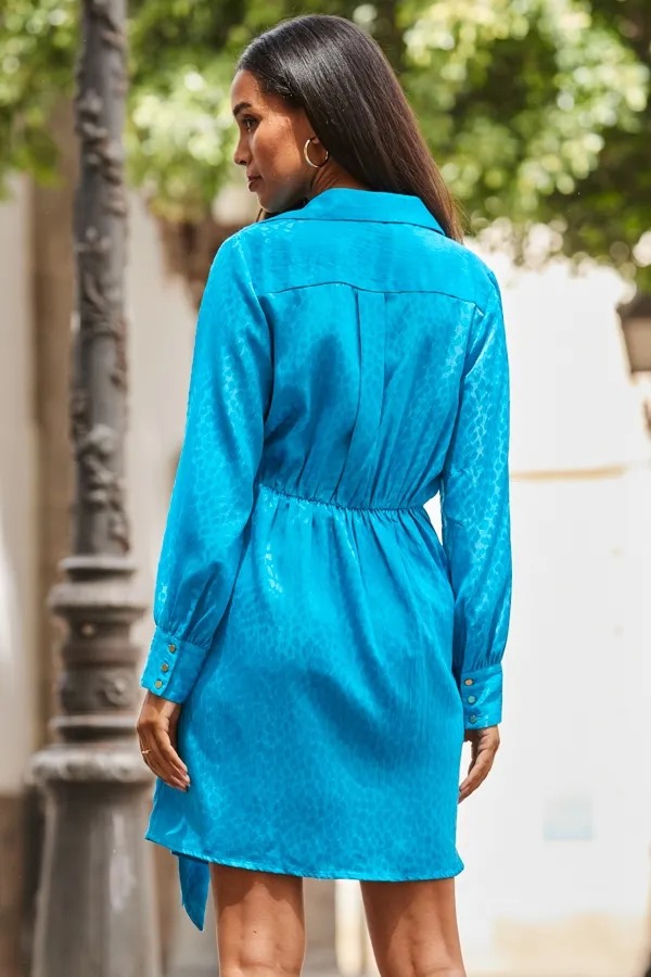 Sky Blue Satin Jacquard Flattering Fit Wrap Dress