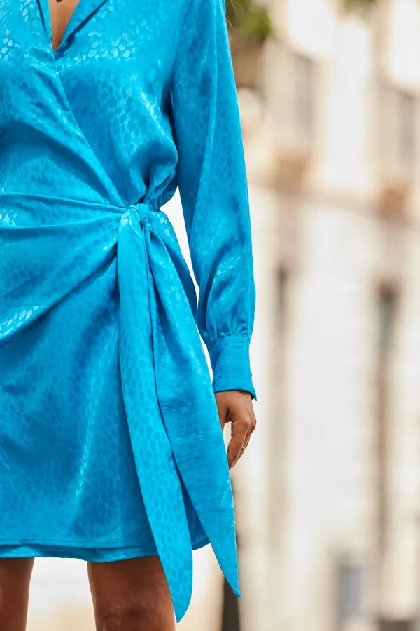 Sky Blue Satin Jacquard Flattering Fit Wrap Dress