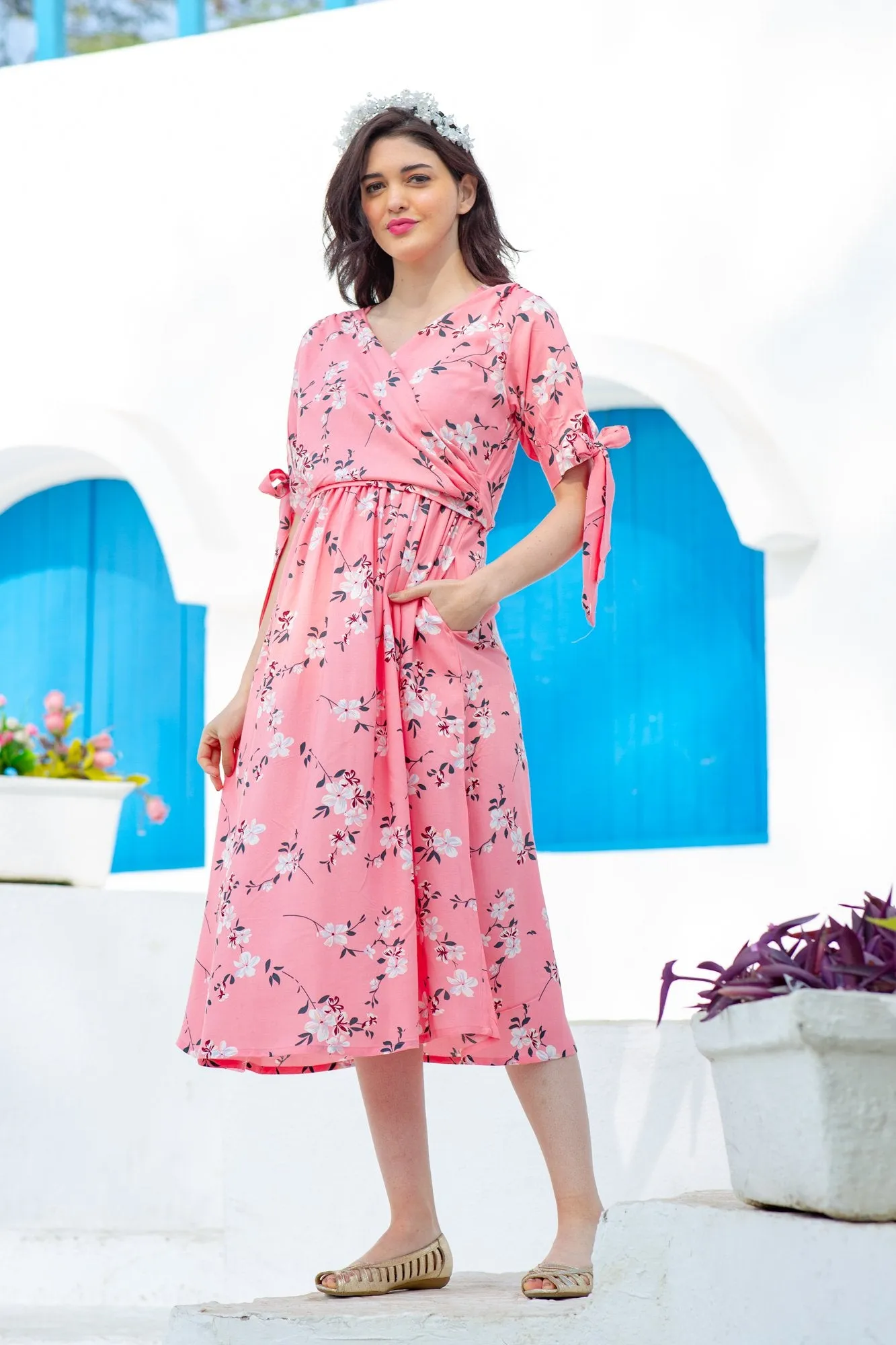 Soft Pink Blossom Maternity & Nursing Wrap Midi Dress