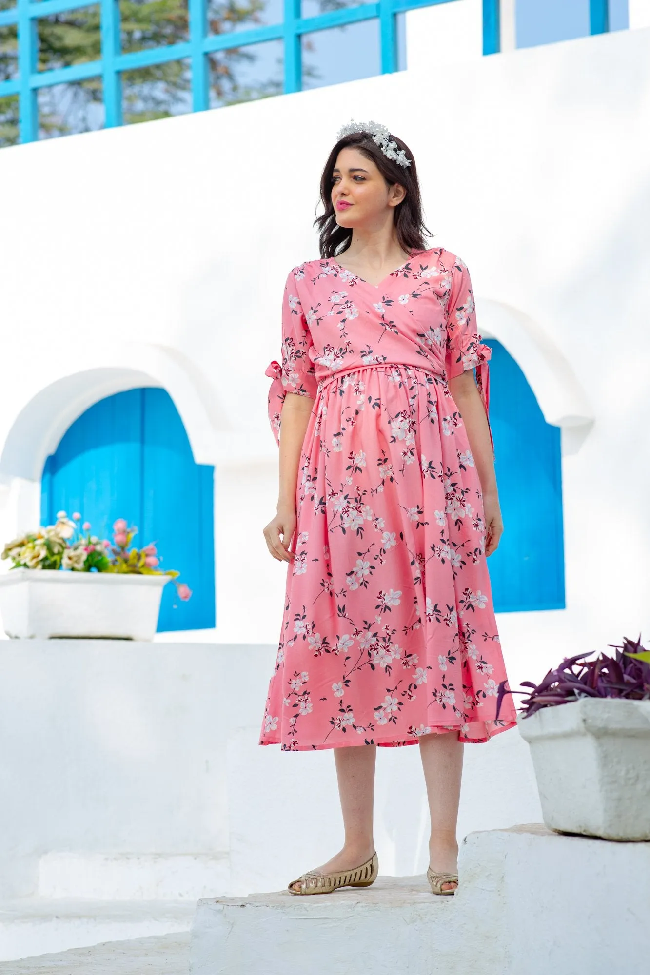 Soft Pink Blossom Maternity & Nursing Wrap Midi Dress