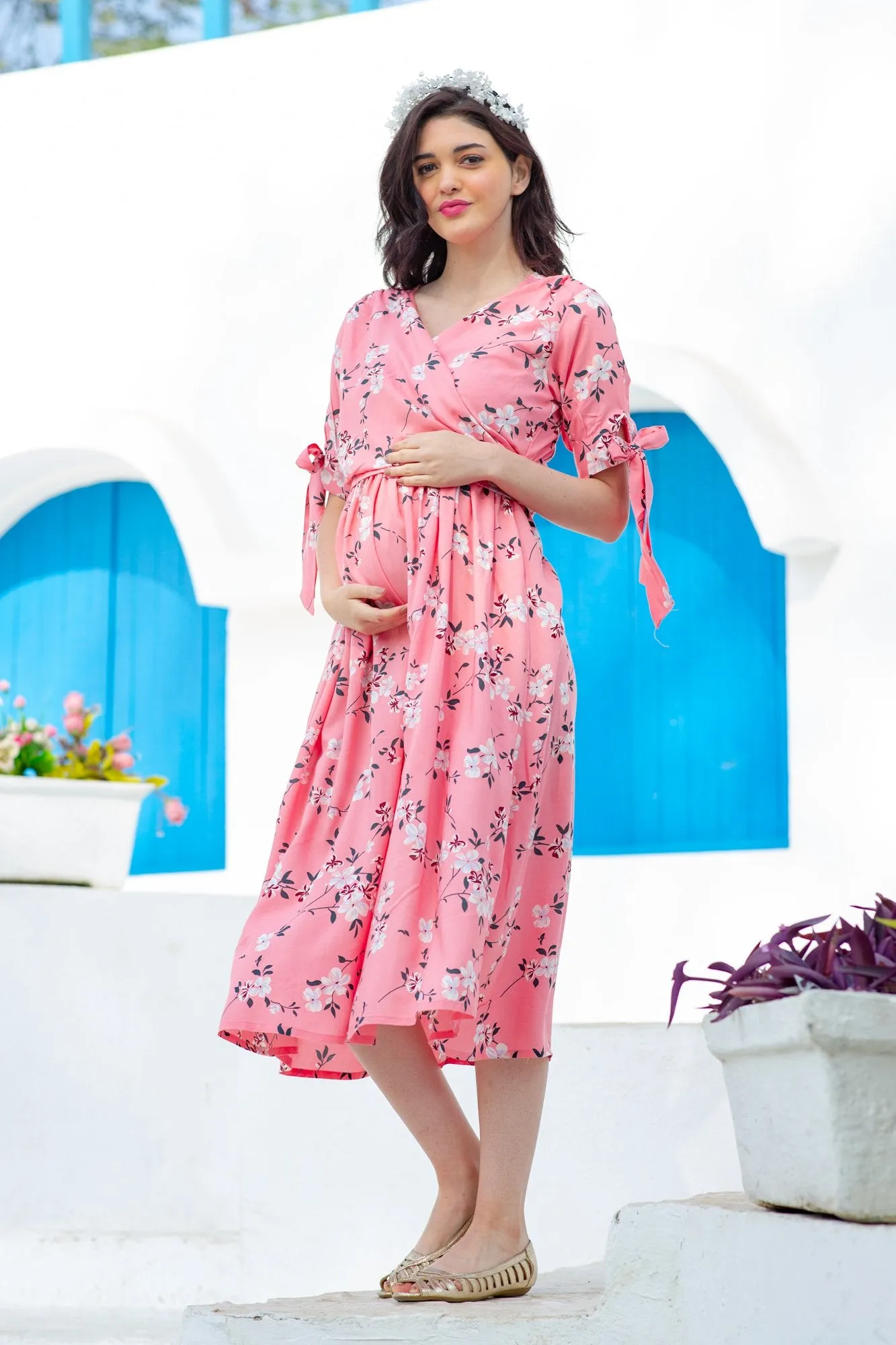 Soft Pink Blossom Maternity & Nursing Wrap Midi Dress