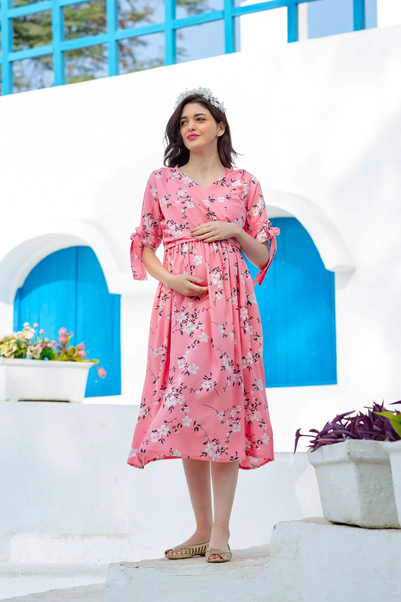 Soft Pink Blossom Maternity & Nursing Wrap Midi Dress