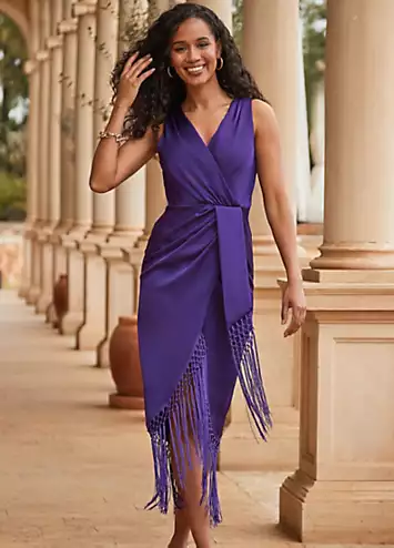 Sosandar Satin Fringe Detail Wrap Midi Dress | Grattan