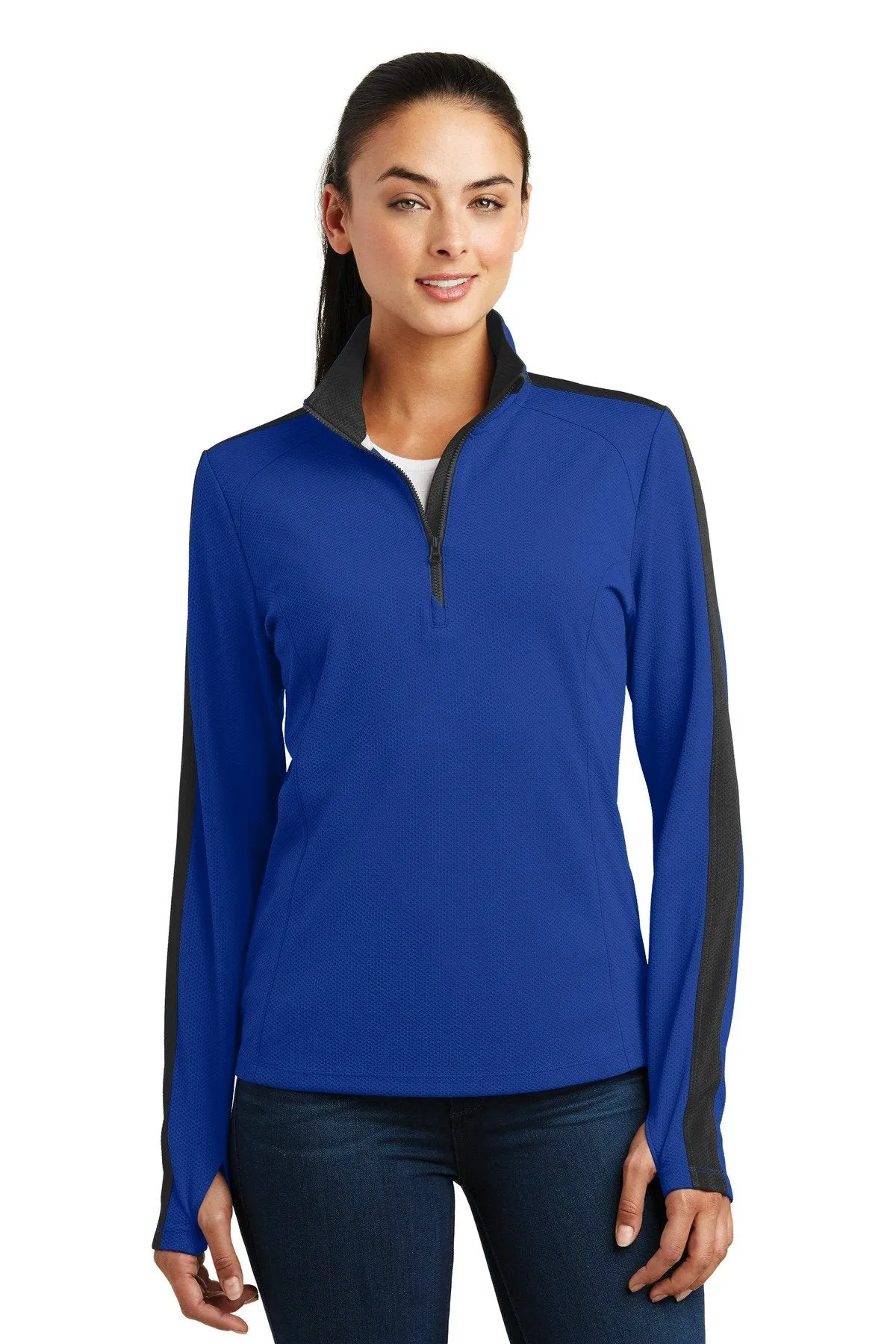 Sport-Tek Ladies Sport-Wick Textured Colorblock 1/4-Zip Pullover LST861 True Royal/ Black