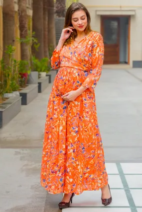 Tangy Orange Maternity & Nursing Wrap Dress