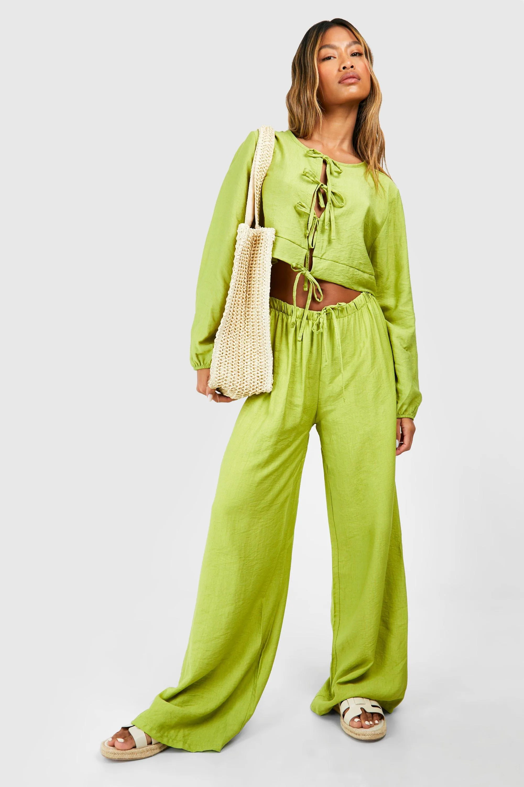 Textured Linen Look Puff Sleeve Blouse & Wide Leg Pants