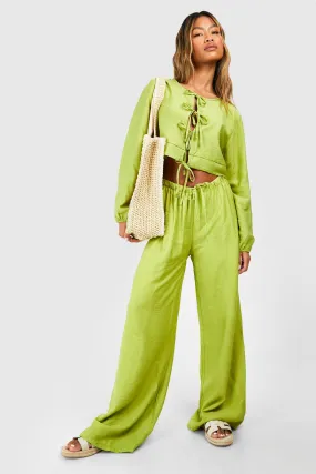 Textured Linen Look Puff Sleeve Blouse & Wide Leg Pants