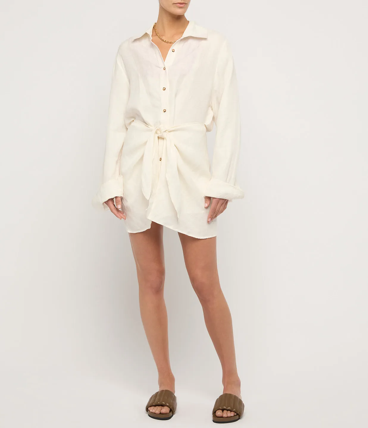 The LA Linen Cupro Mini Wrap Dress in White