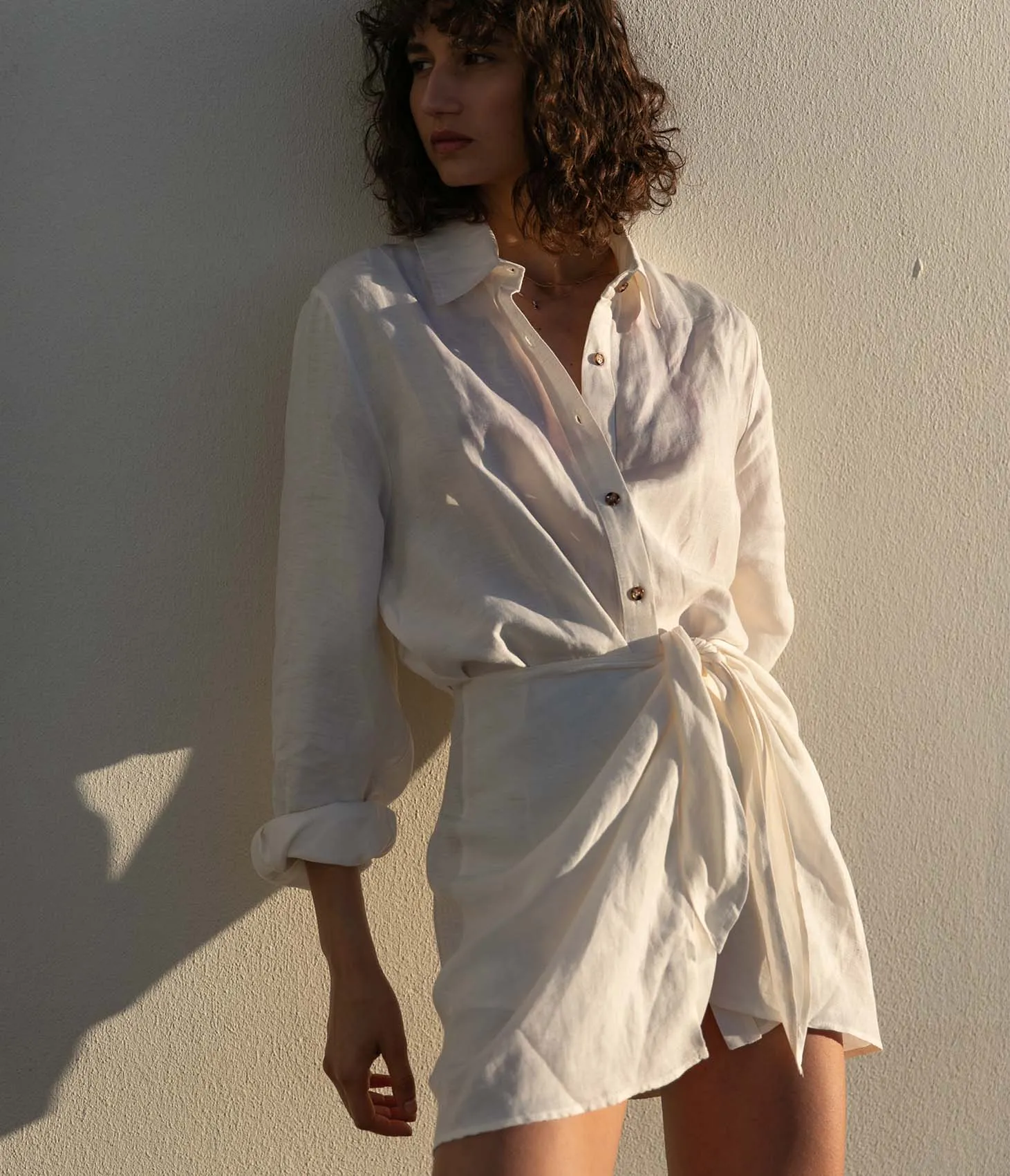 The LA Linen Cupro Mini Wrap Dress in White