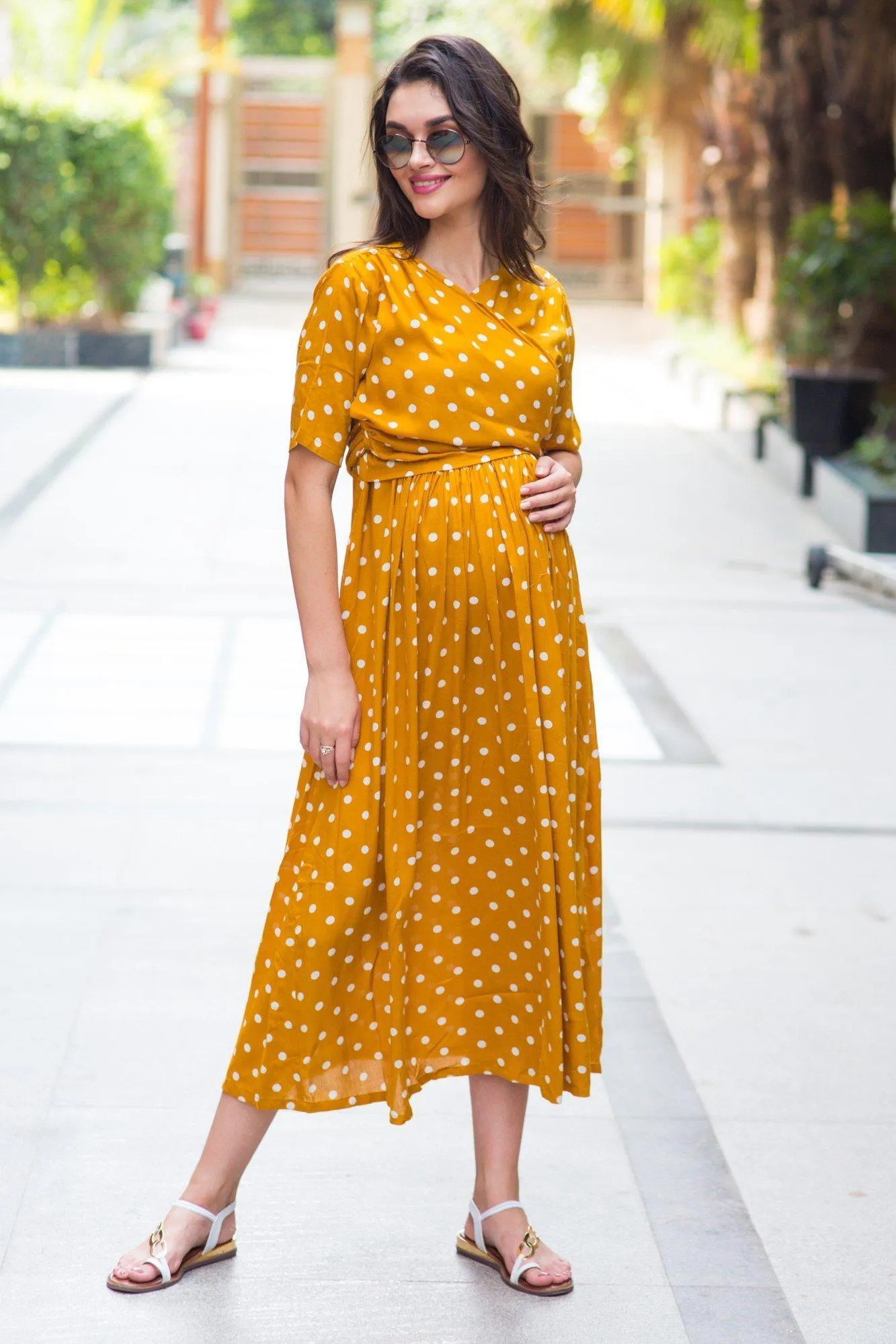 Tuscany Crepe Polka Maternity & Nursing Wrap Midi Dress