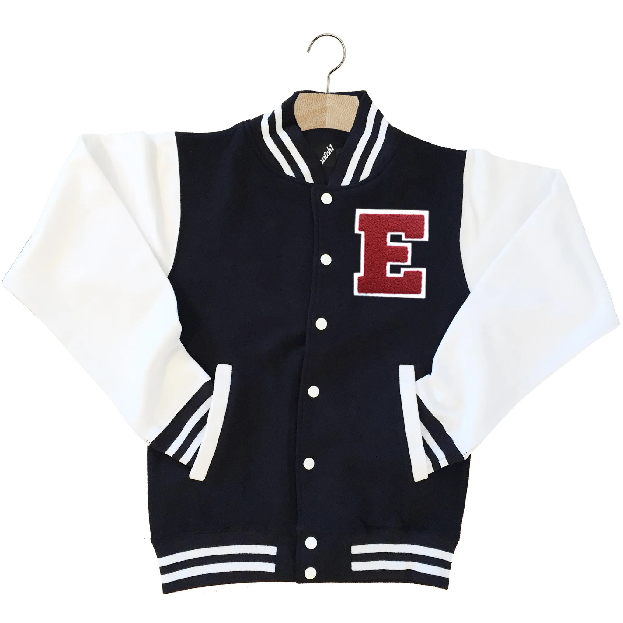 VARSITY BASEBALL JACKET UNISEX PERSONALISED WITH GENUINE US COLLEGE LETTER E