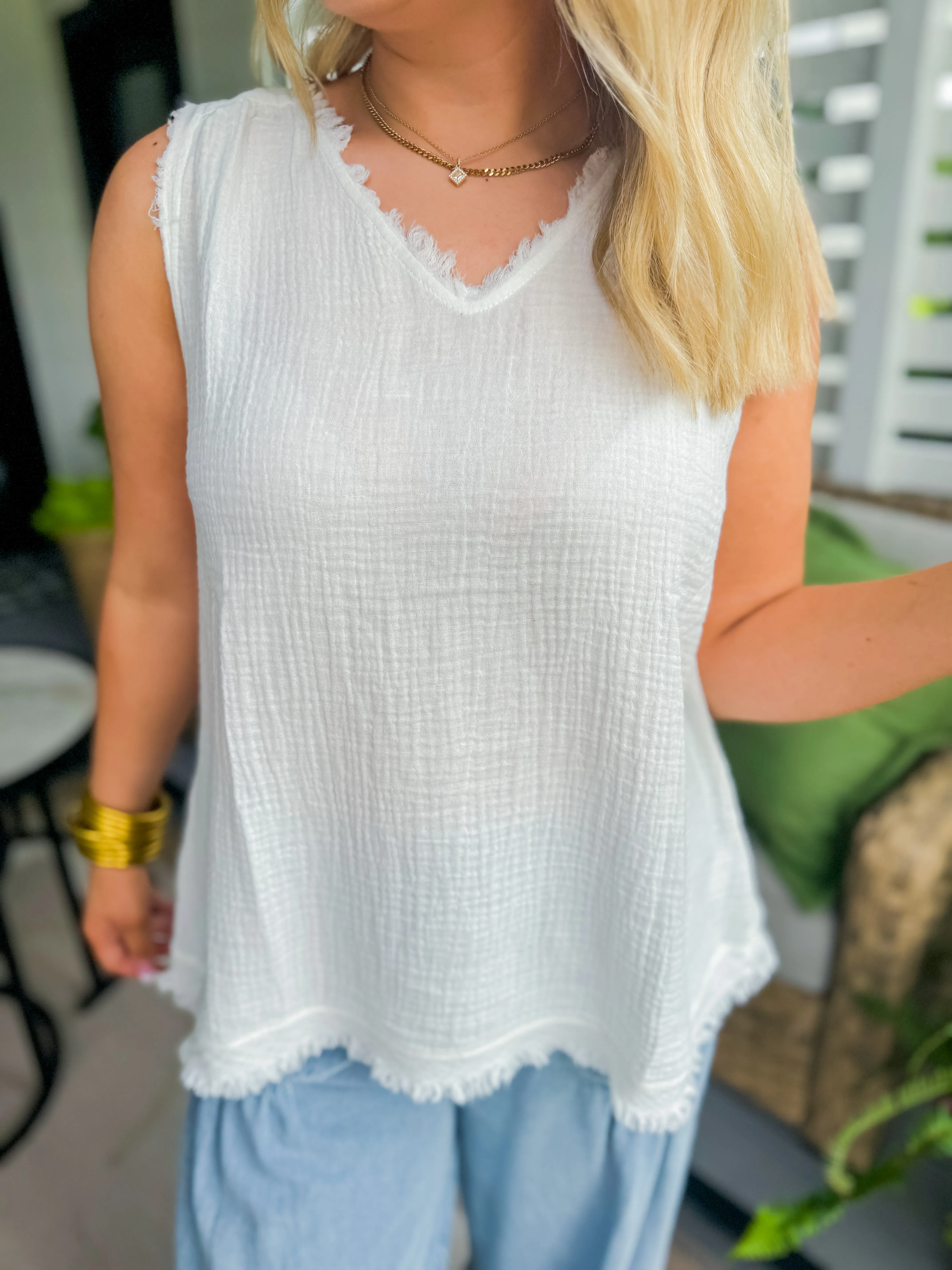 White Cotton Gauze Sleeveless Top