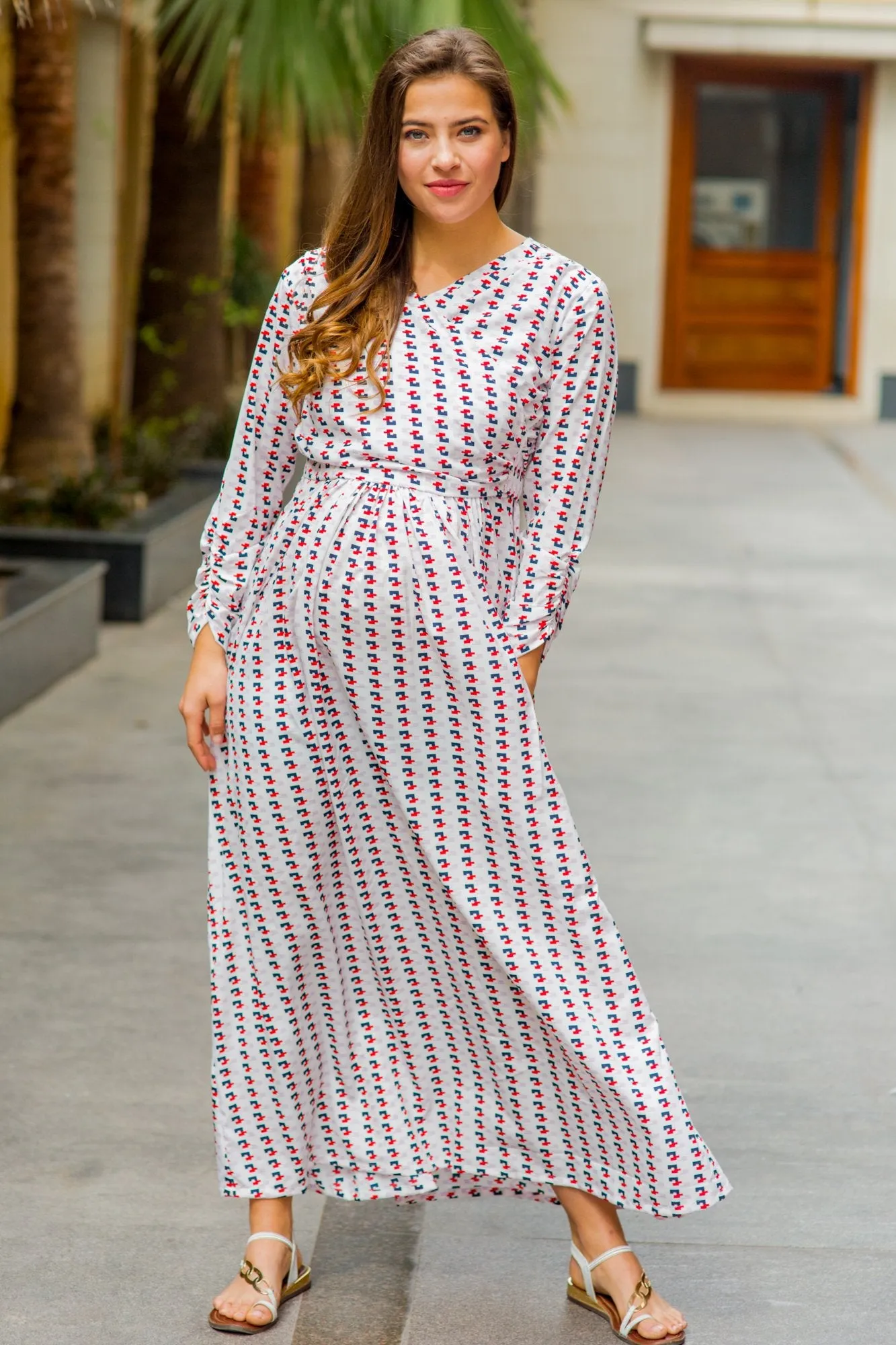 White Patterned Maternity & Nursing Wrap Dress