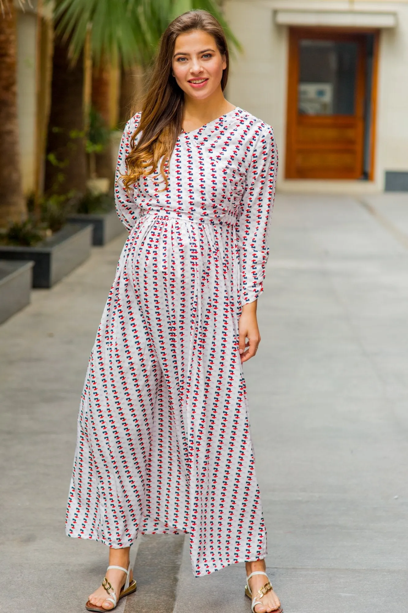 White Patterned Maternity & Nursing Wrap Dress