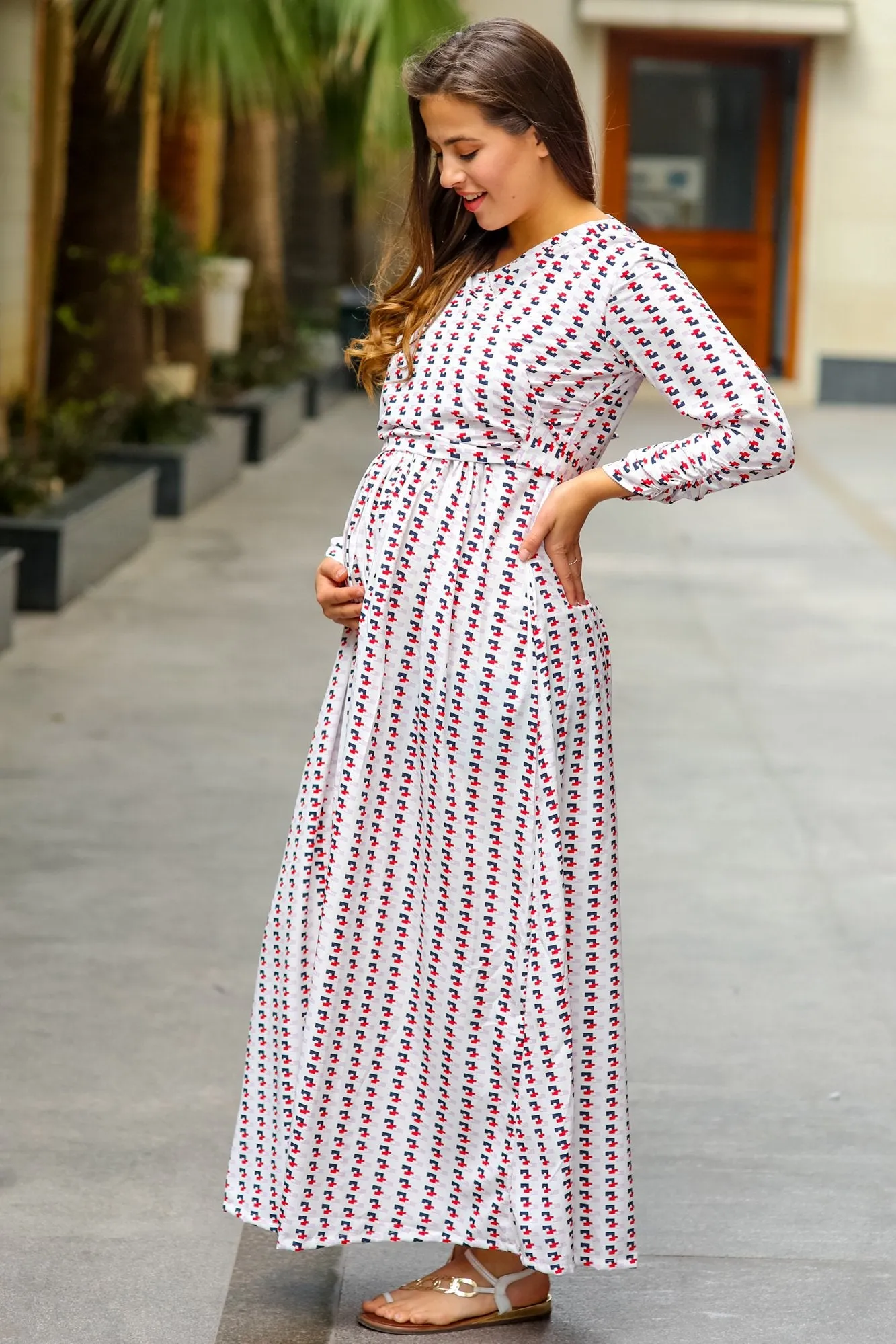 White Patterned Maternity & Nursing Wrap Dress