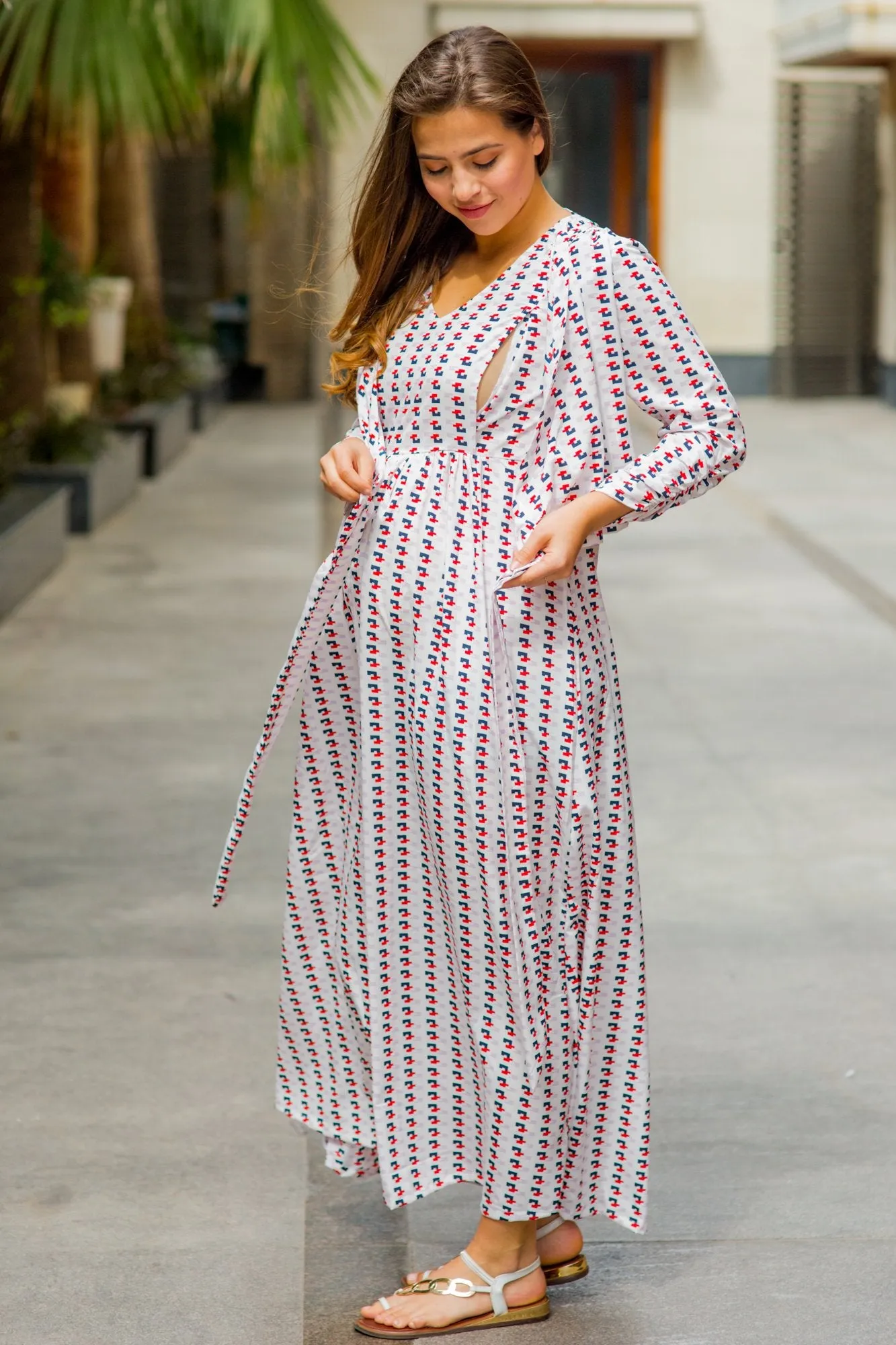 White Patterned Maternity & Nursing Wrap Dress