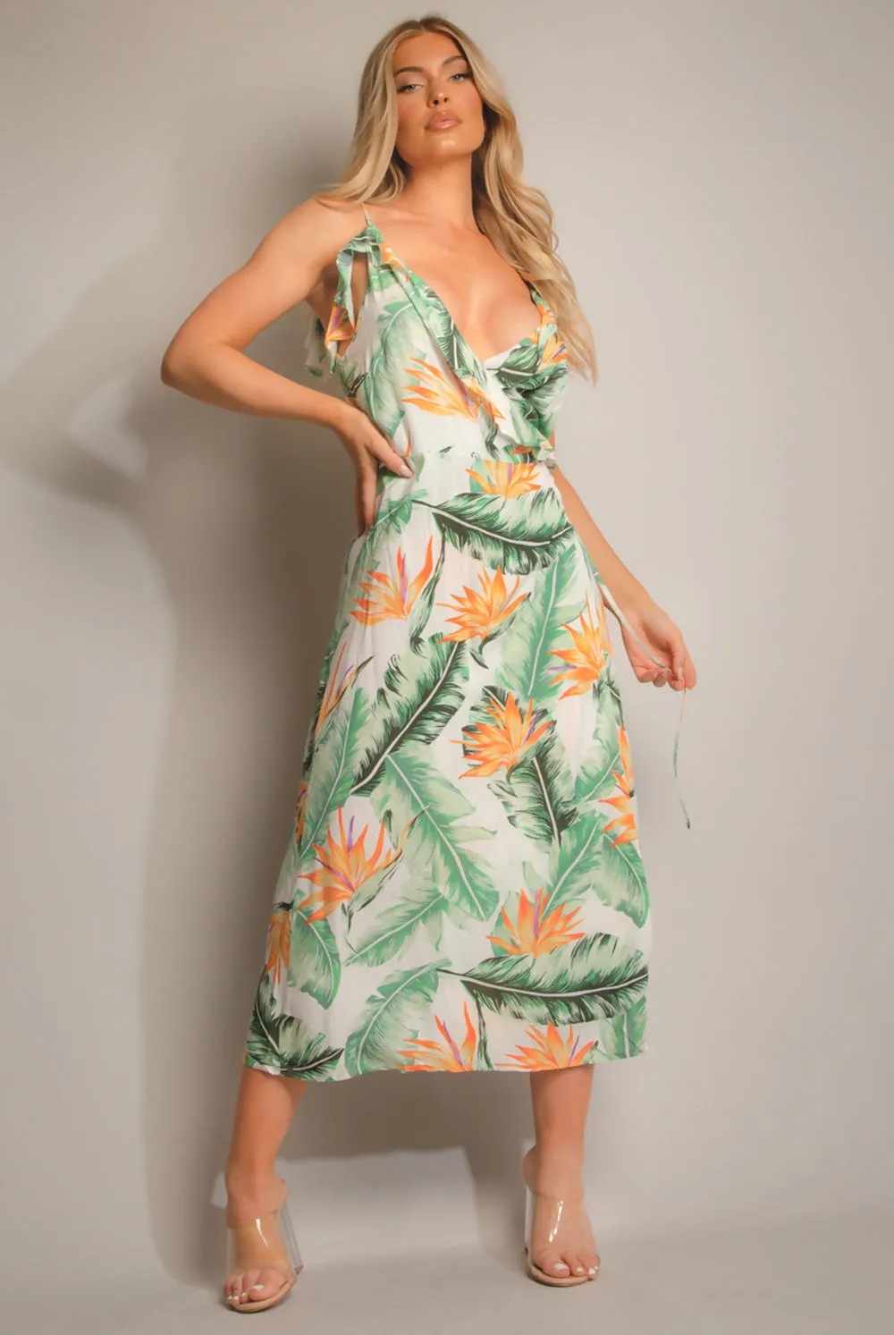 White Tropical Print Wrap Frill Midi Dress