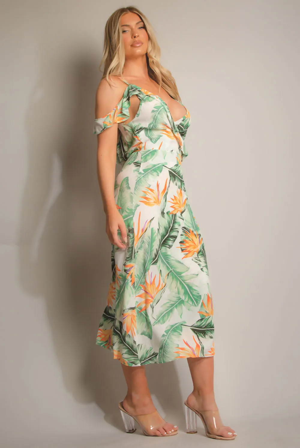 White Tropical Print Wrap Frill Midi Dress