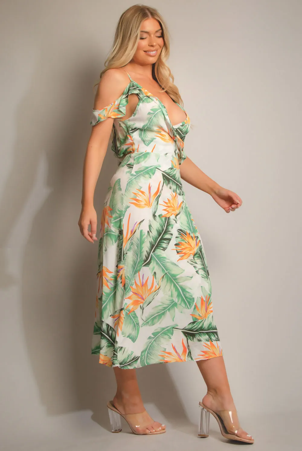 White Tropical Print Wrap Frill Midi Dress