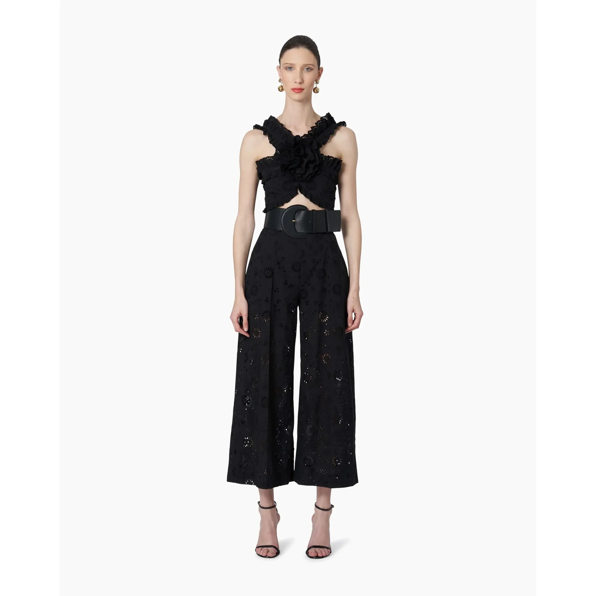 Wide Leg Cropped Pants with Lining | Black