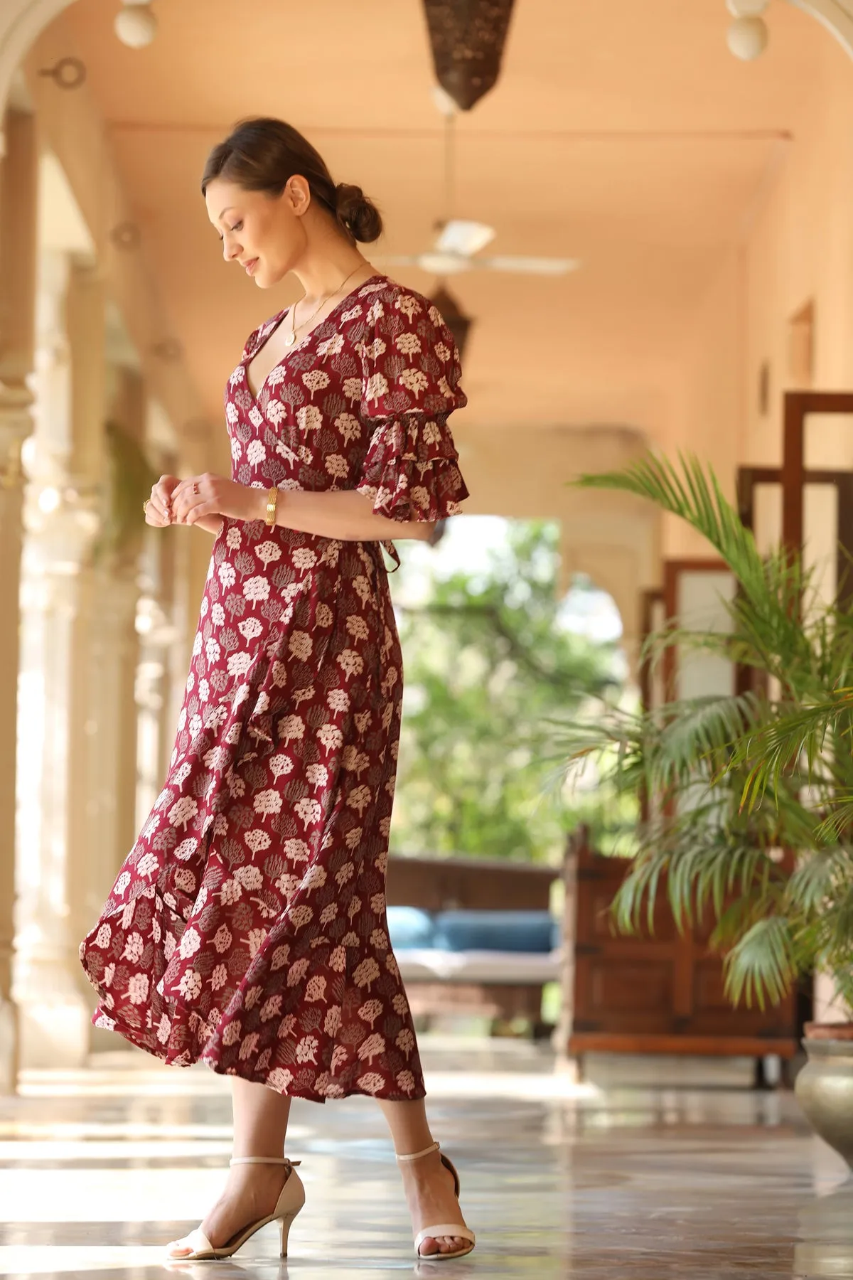 Wildflower Boho Maroon Silk Wrap Around Dress