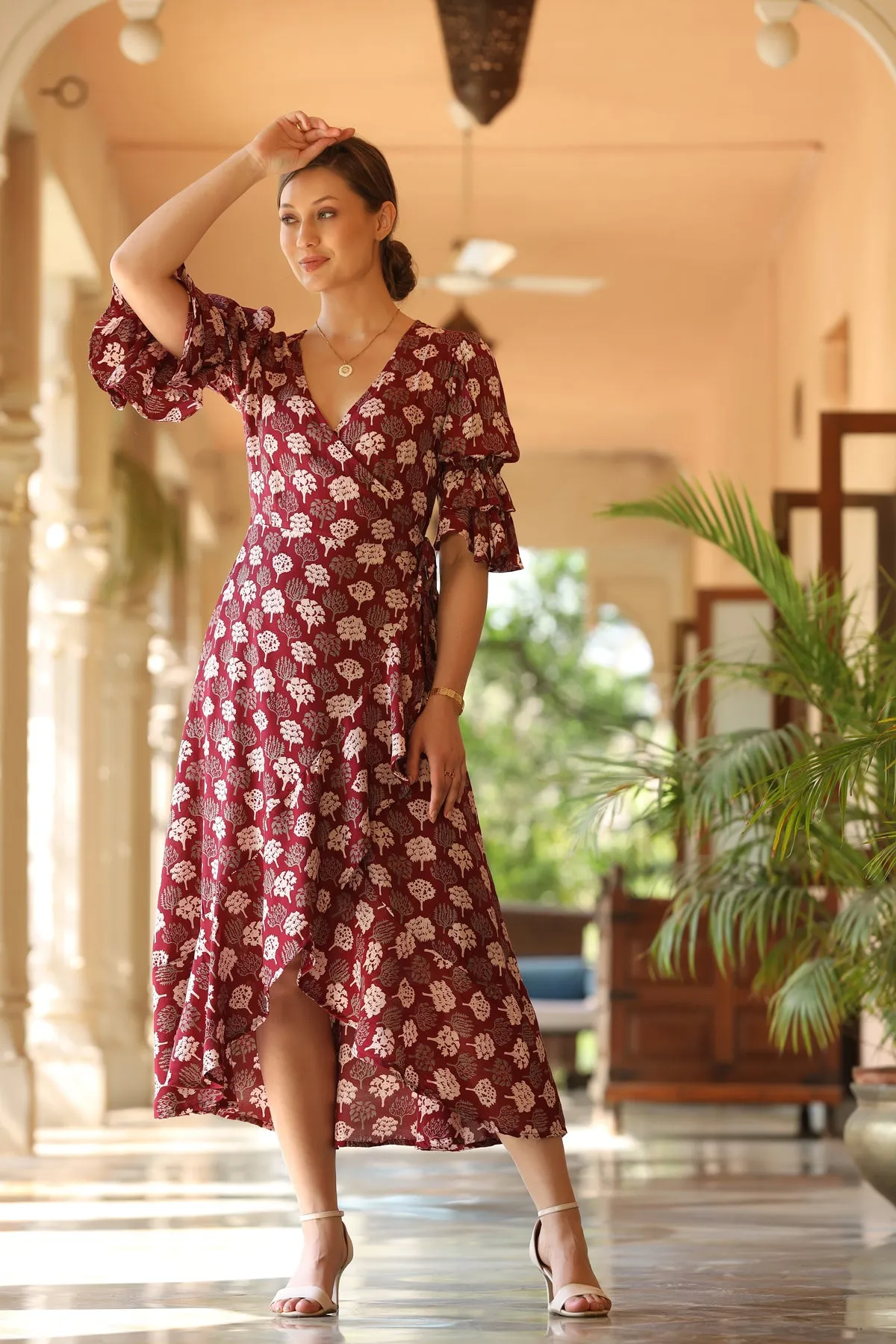 Wildflower Boho Maroon Silk Wrap Around Dress