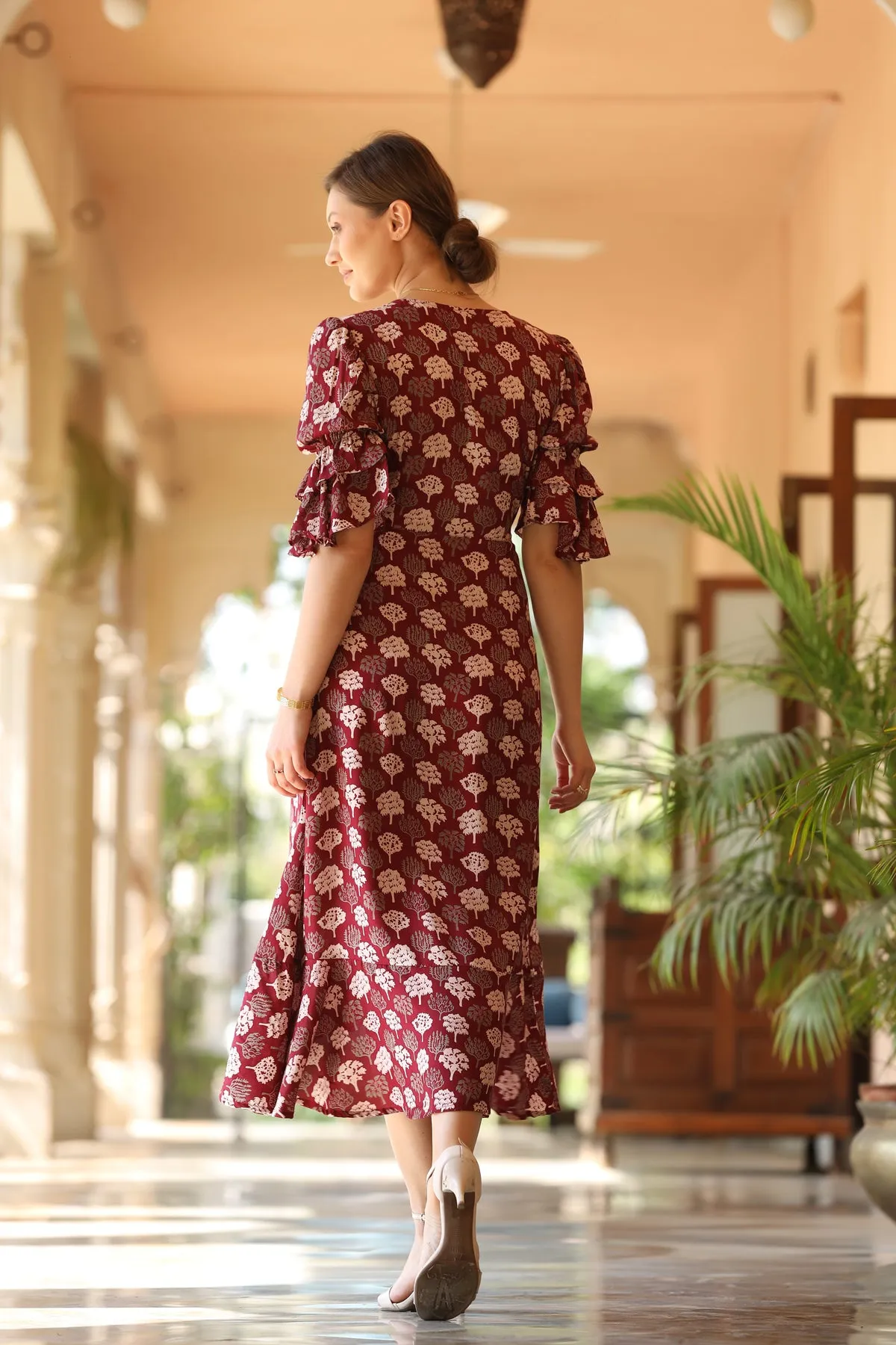 Wildflower Boho Maroon Silk Wrap Around Dress