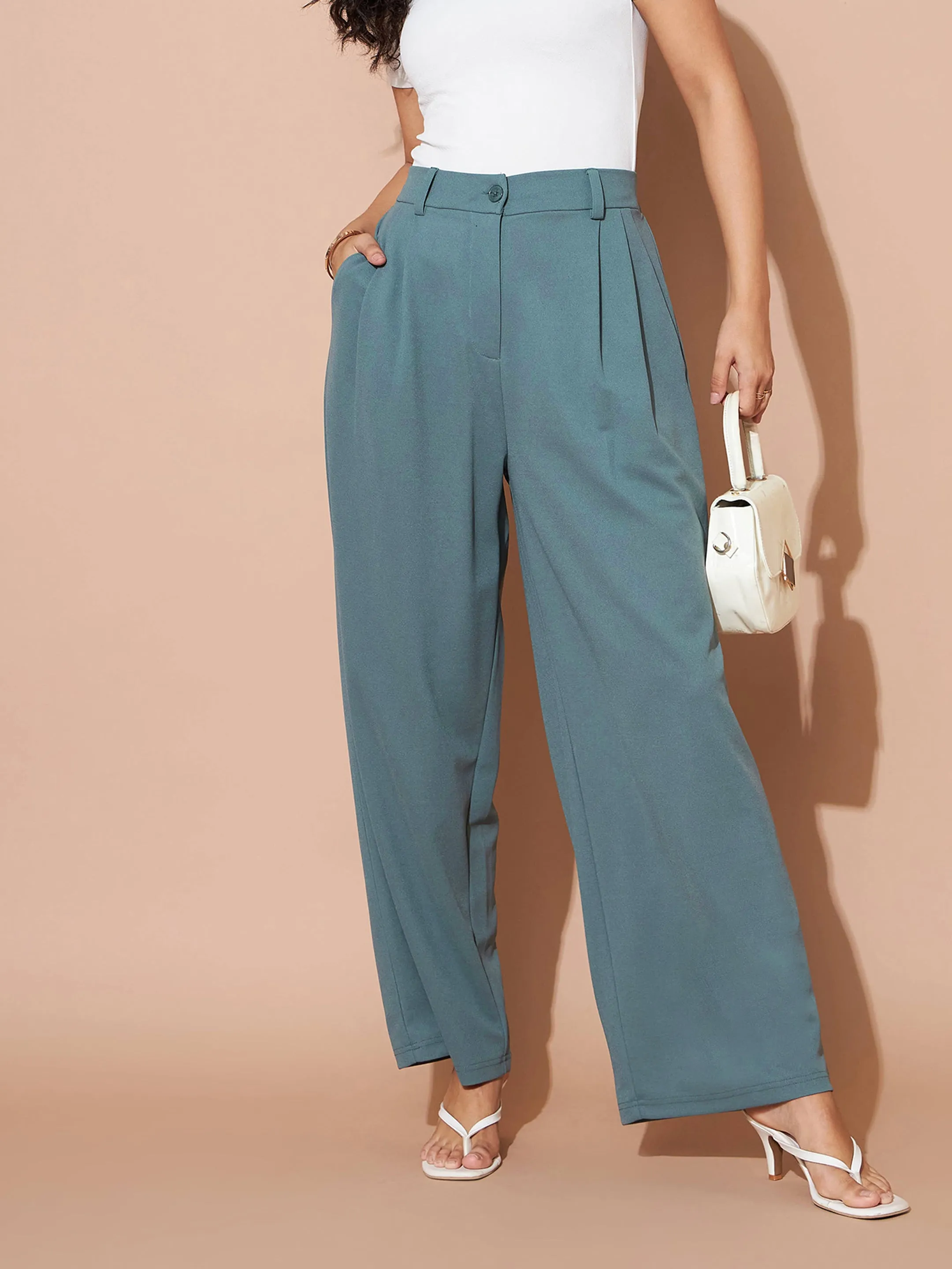 Women Airforce Blue Pleated Wide leg Pants