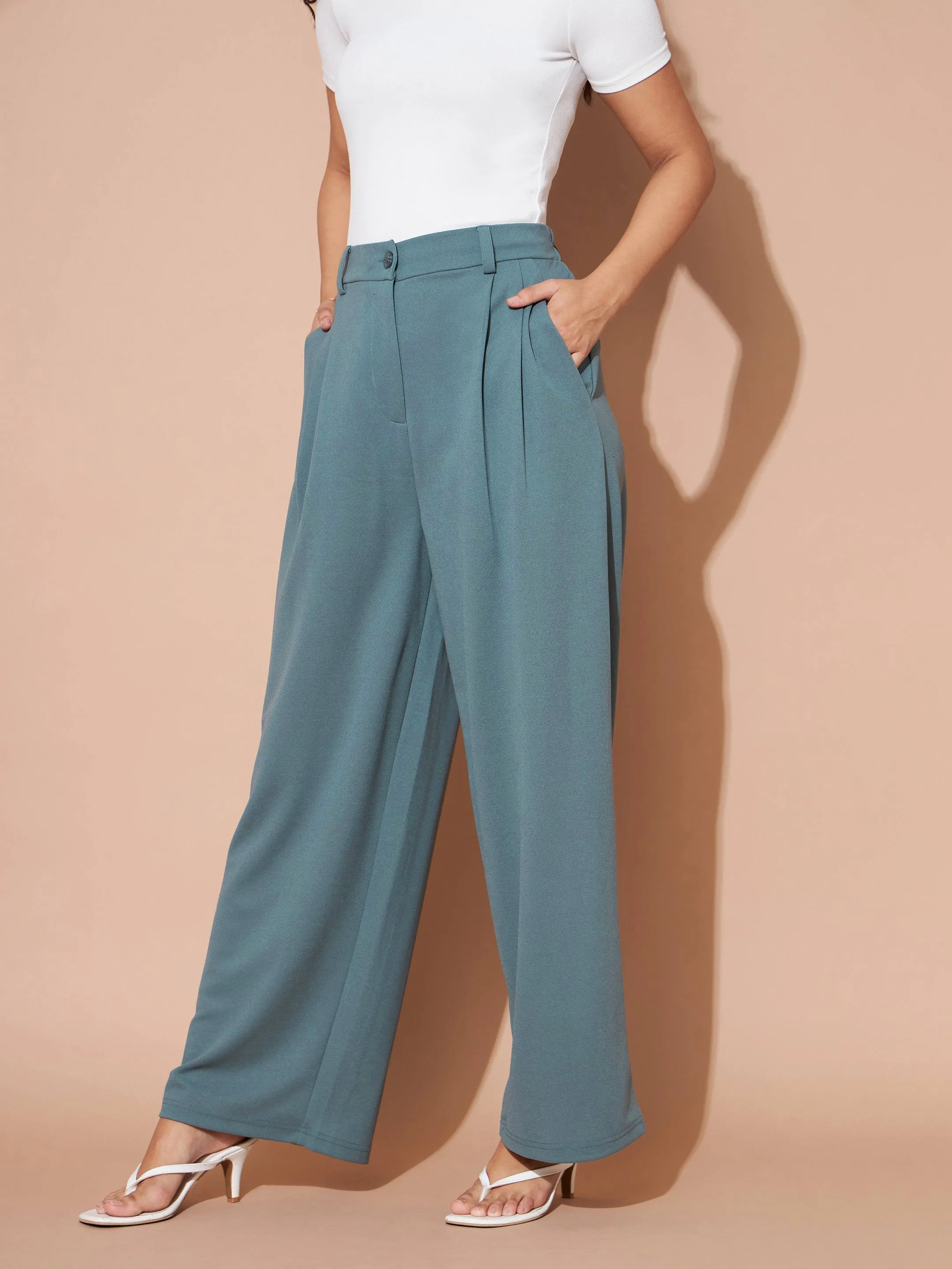 Women Airforce Blue Pleated Wide leg Pants