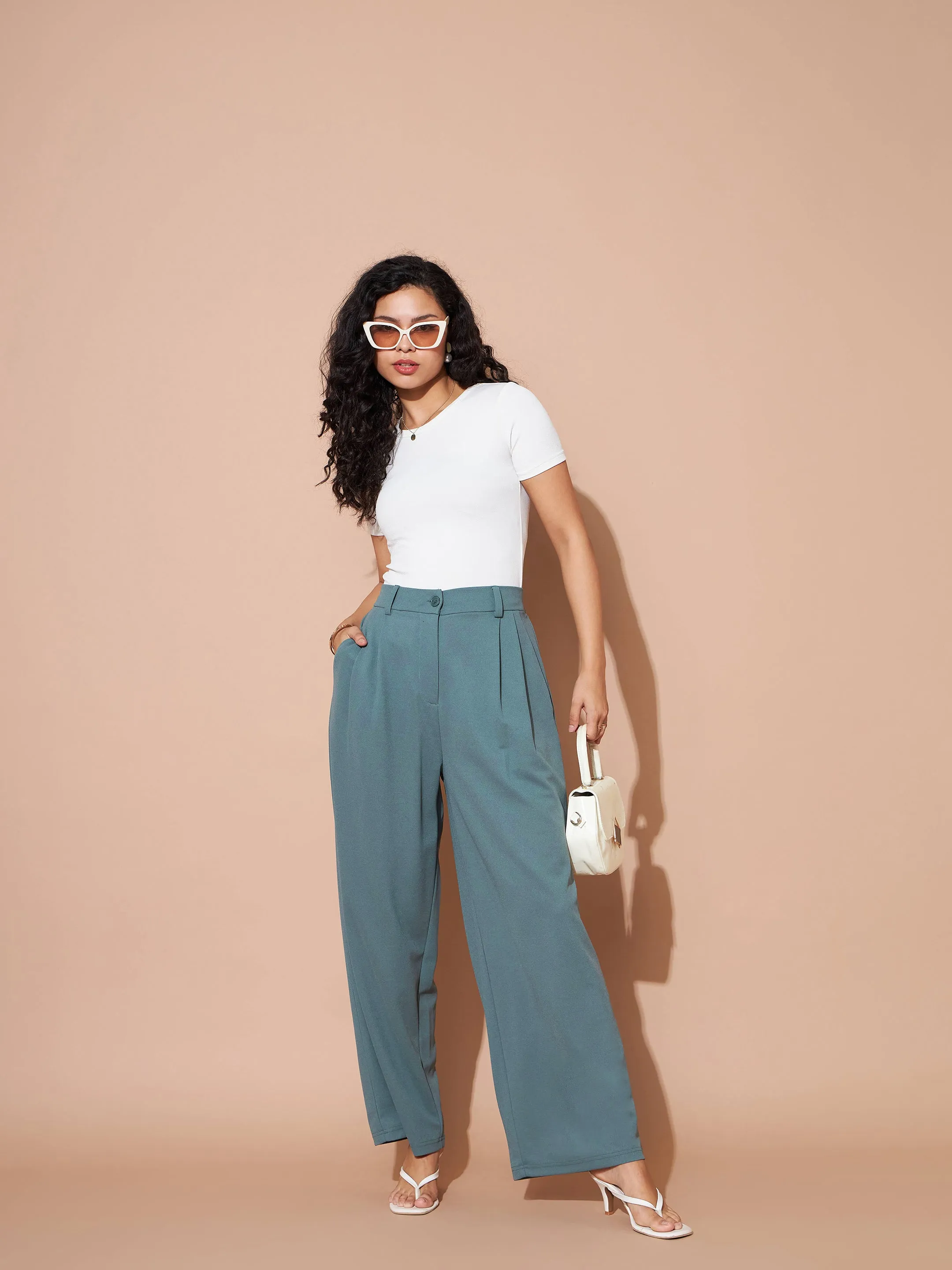 Women Airforce Blue Pleated Wide leg Pants