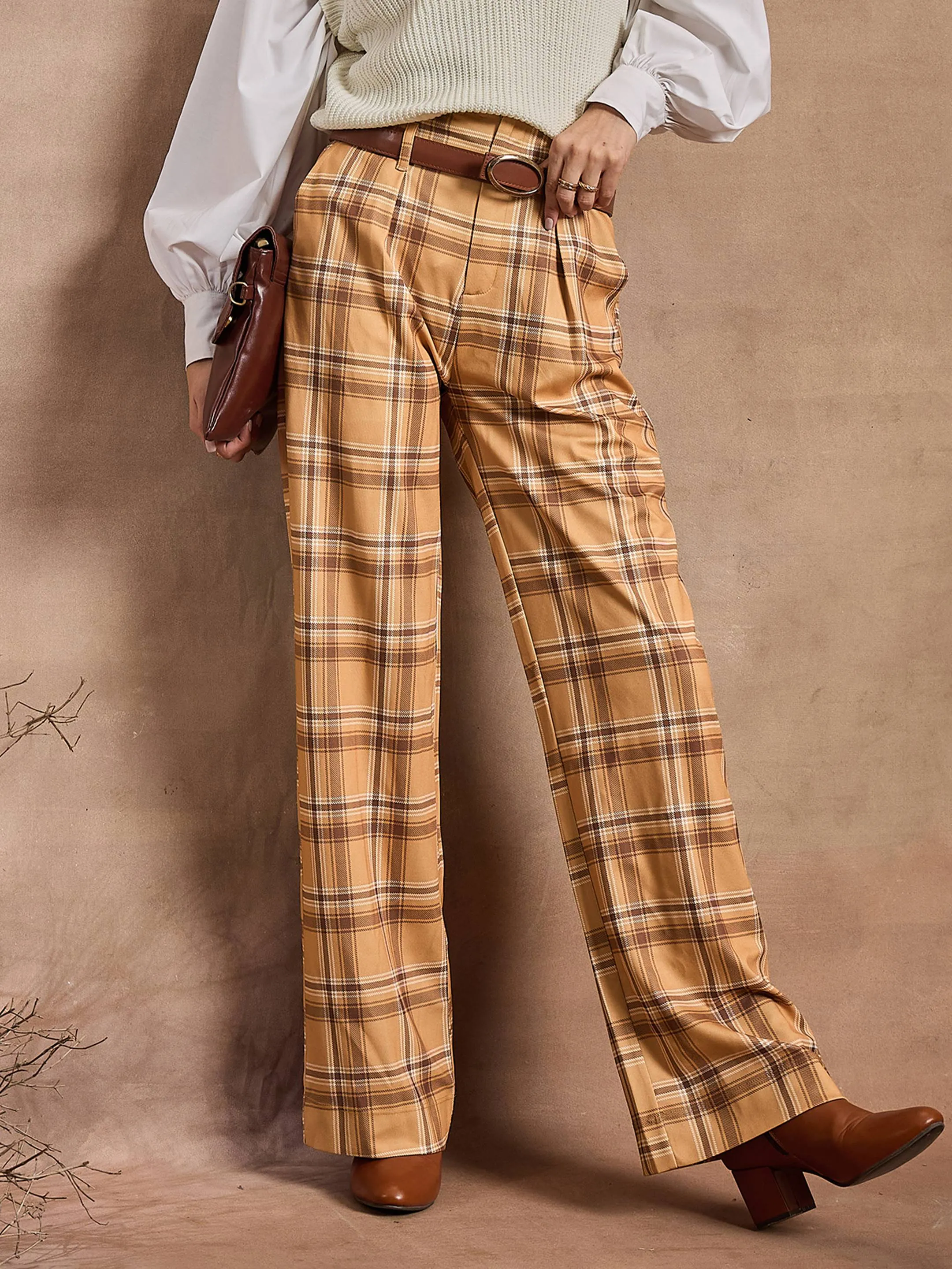 Women Beige Check High Rise Wide Leg Pants