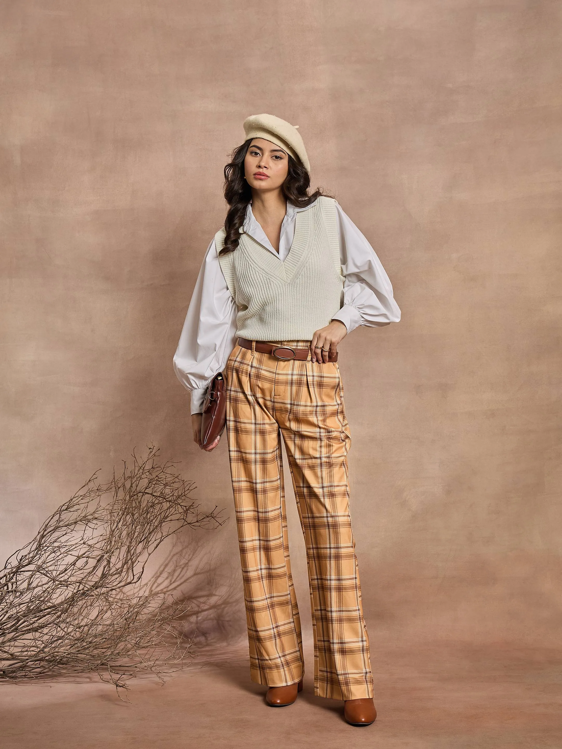 Women Beige Check High Rise Wide Leg Pants