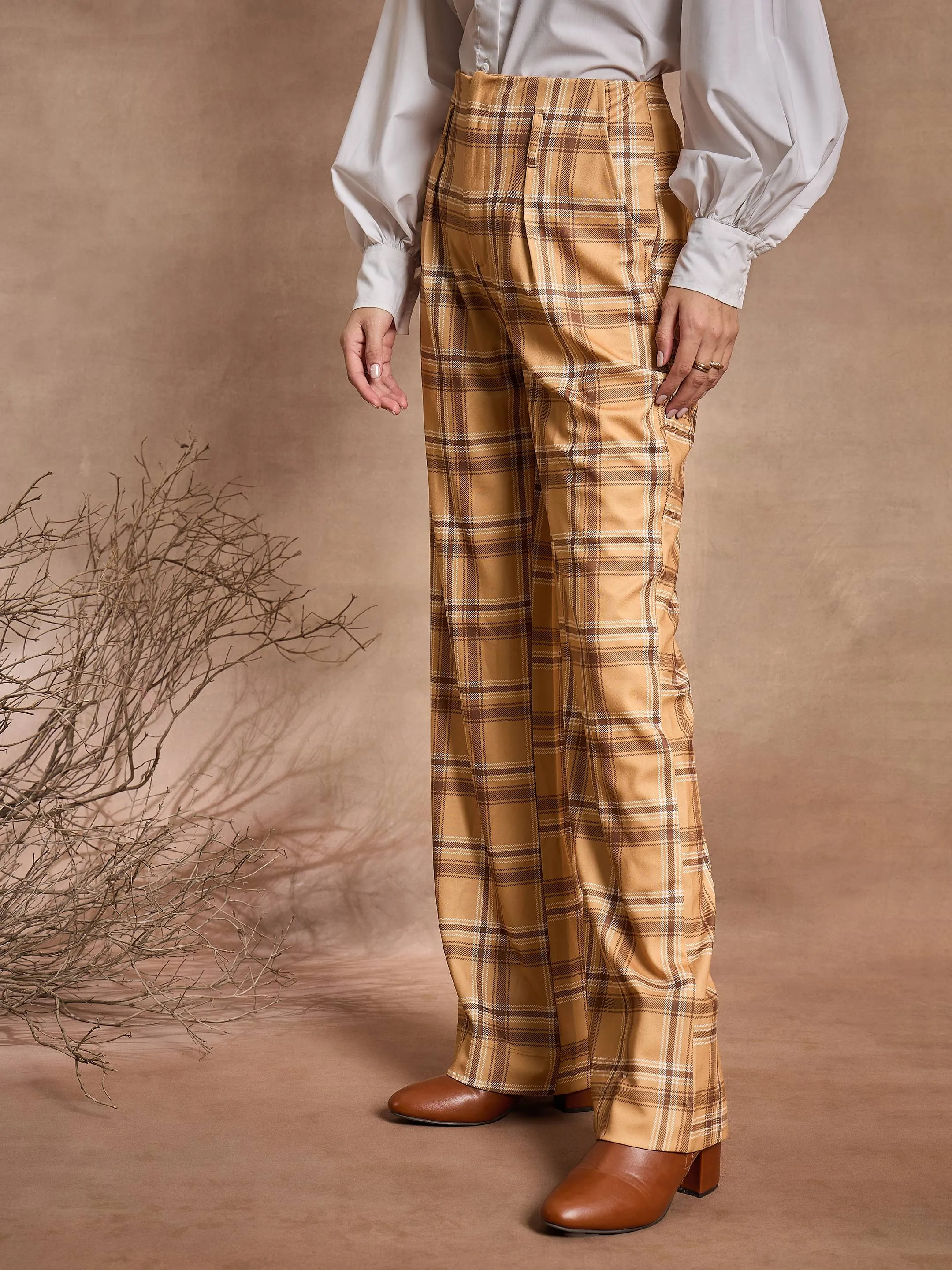 Women Beige Check High Rise Wide Leg Pants