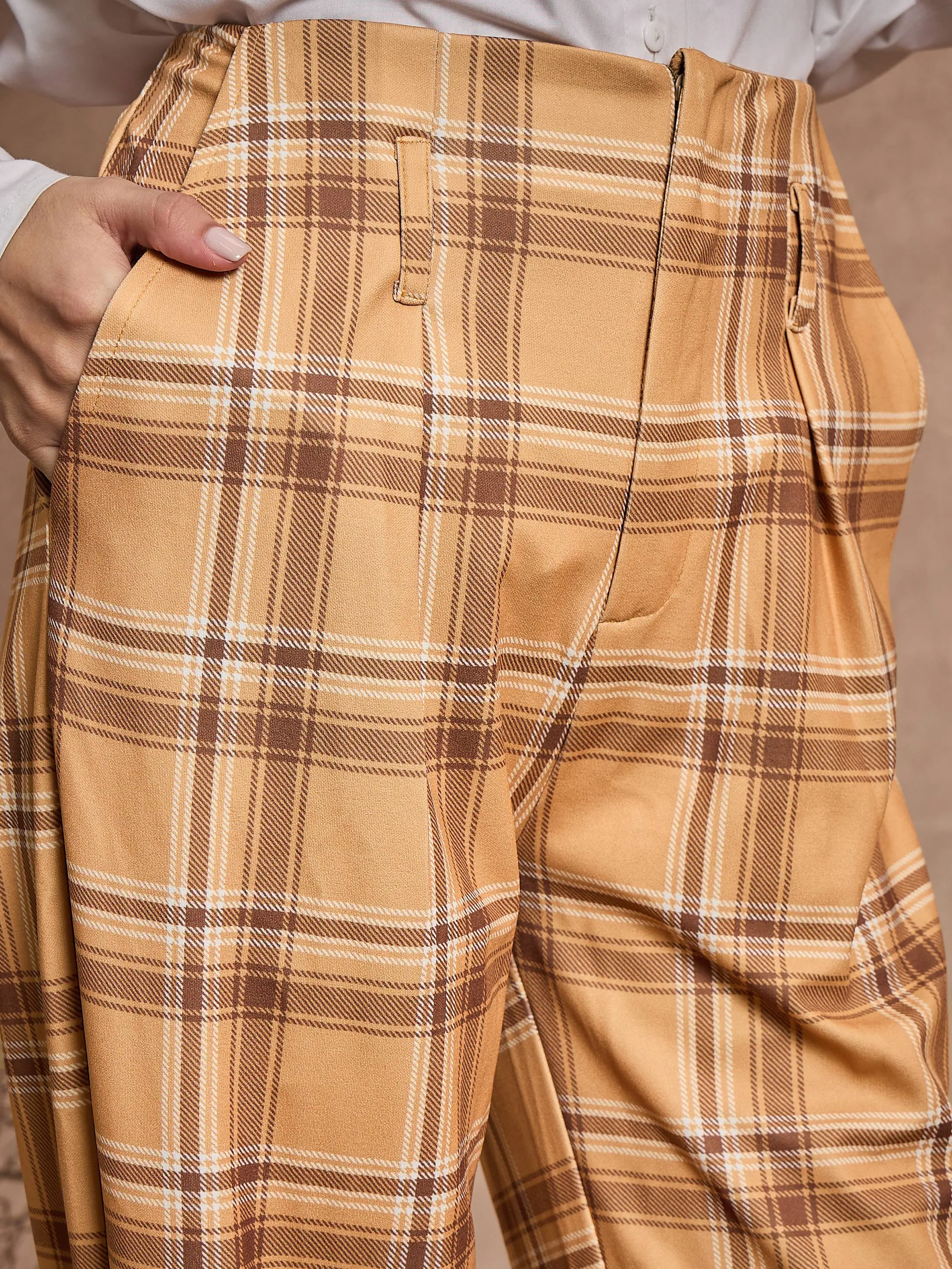 Women Beige Check High Rise Wide Leg Pants